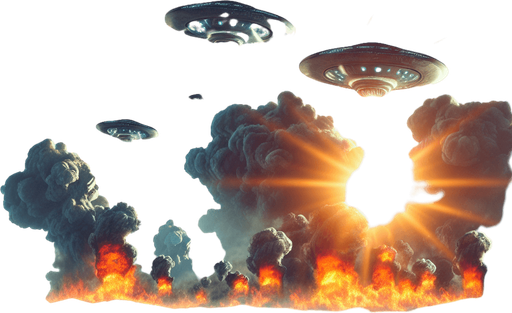 sunny day, hilly landscape. there is an alien invasion taking place in the distance. cities burning.