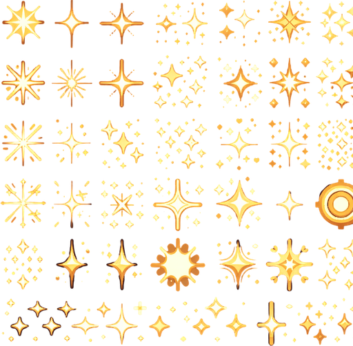 A sprite sheet of different golden sparkles..
Single Game Texture. In-Game asset. 2d. Blank background. High contrast. No shadows.