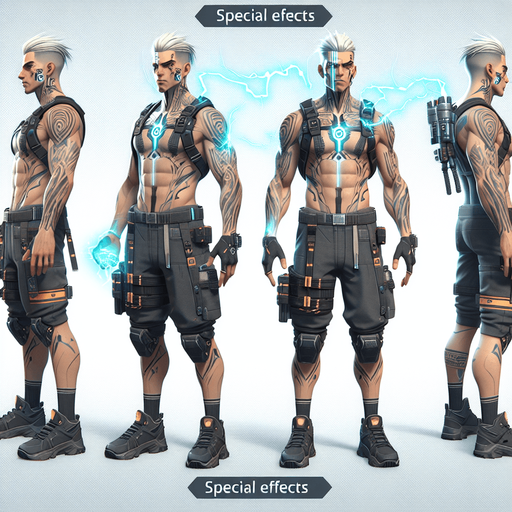 1. Appearance and Build:
Body Type: Athletic, muscular, slender, or bulky.
Height and Proportions: Tall and imposing, average, or short and agile.
2. Outfit:
Style: Modern, traditional, futuristic, or fantasy-inspired.
Details: Armor, casual clothes, martial arts gi, cybernetic enhancements, or tribal attire.
Accessories: Belts, gloves, headbands, jewelry, or tech gadgets.
3. Face and Hair:
Expression: Serious, confident, aggressive, or calm.
Hair: Short, long, spiky, braided, or tied in a ponytail. Specify color and texture (e.g., fiery red, silky black, or platinum blonde).
Facial Features: Scars, tattoos, or unique marks.
4. Weapons and Tools:
Describe any weapons, like swords, nunchaku, guns, or energy-based tools.
Mention how the character wields or carries these items.
5. Special Effects:
Glowing eyes, a fiery aura, electricity coursing through their body, or smoke emanating from their feet.
Unique powers visually represented (e.g., ice shards, flames, or magical sigils).
6. Pers.
Single Game Texture. In-Game asset. 2d. Blank background. High contrast. No shadows.