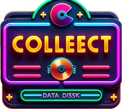 retro sign with the word collect and a datadisk symbol in neon colors...
Single Game Texture. In-Game asset. 2d. Blank background. High contrast. No shadows.