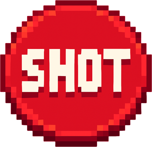 un boton rojo que en medio dice shot hecho con pixeles.
In-Game asset.  2d.  High contrast.  No shadows