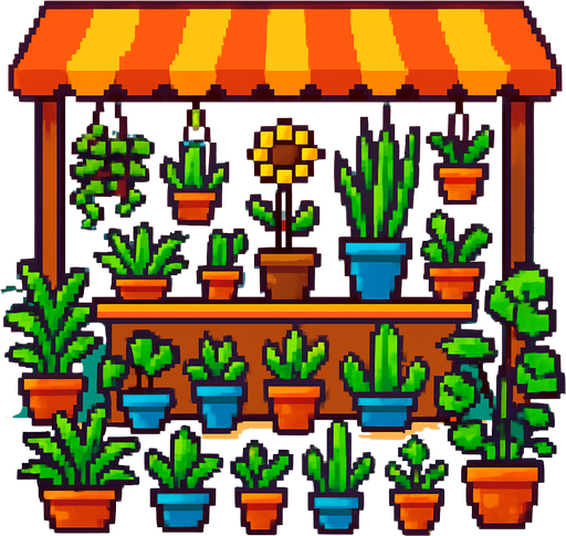 un  mercado de plantas de pixeles.
In-Game asset.  2d.  High contrast.  No shadows