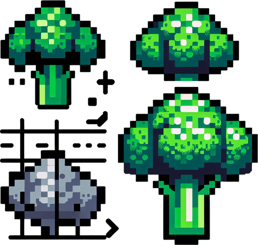 broccoli.
Single Game Texture. In-Game asset. 2d. Blank background. High contrast. No shadows. 8bit