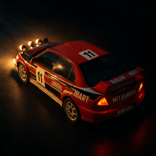 Photorealistic Mitsubishi Lancer Evolution Rallycar in nightlight, drone topview from back and 45 degrees angle in top right corner