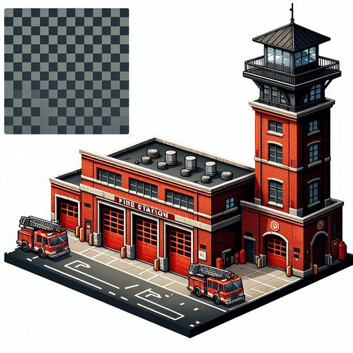 firestation.
Single Game Texture.  In-Game asset.  2d.  Blank background.  High contrast.  No shadows