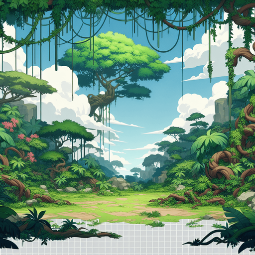 anime landscape deep jungle amazon.
Single Game Texture.  In-Game asset.  2d.  Blank background.  High contrast.  No shadows