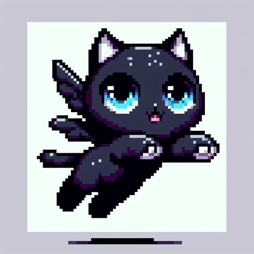 Flying, Cute black cat with blue eyes. Dot picture. Single Game Texture. In-Game asset. 2d. Blank background. High contrast. No shadows.