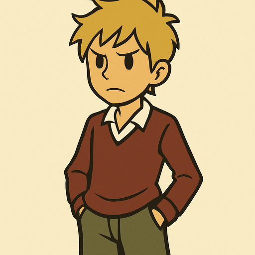 15 yo boy with short scruffy blonde hair professor Layton game style.
In-Game asset.  2d.  High contrast.  No shadows