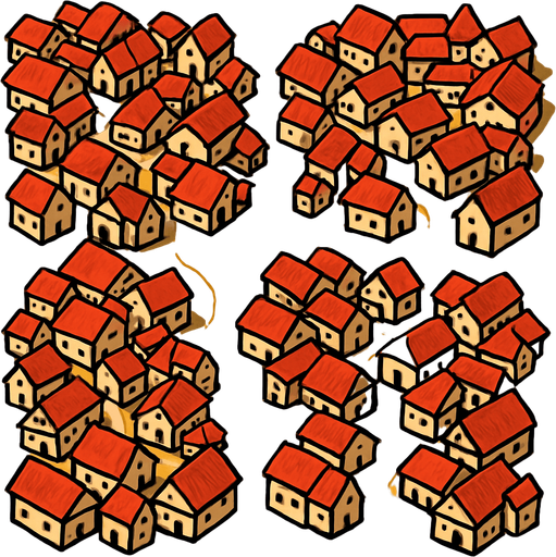 Aldeas, ocupar toda la imagen, visto desde arriba.
In-Game asset.  2d.  High contrast.  No shadows