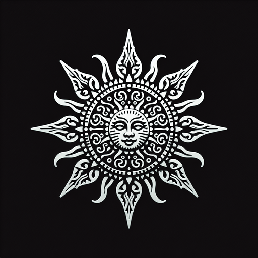 plain white intricate sun icon. black background