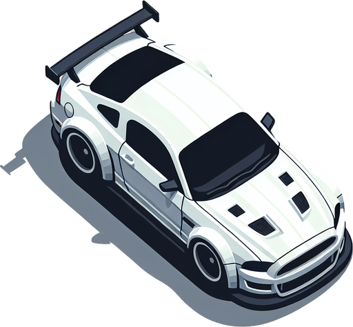 top down view of white racing car.
Single Game Texture.  In-Game asset.  2d.  Blank background.  High contrast.  No shadows
