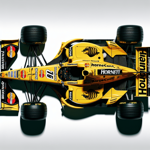 F1 race car from 2001. Yellow body with black sponsors and hornet logos with MasterCard sponsor. TOP VIEW!.
Single Game Texture. In-Game asset. 2d. Blank background. High contrast. No shadows.