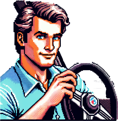cool looking driver holding a car wheel as if he's driving. 30 years old. vintage retro 1980 style. 3/4 view. pixelated. 8 bit. Single Game Texture. In-Game asset. 2d. Blank background. High contrast. No shadows.