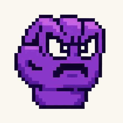 make a purple 2d pixel punch with eyes and angry face.
In-Game asset.  2d.  High contrast.  No shadows