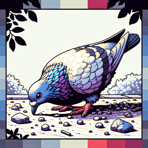 A pigeon pecking at the ground..
Single Game Texture.  In-Game asset.  2d.  Blank background.  High contrast.  No shadows
