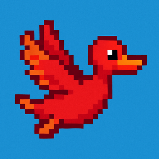 pixart red duck flying.
In-Game asset.  2d.  High contrast.  No shadows