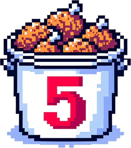 large KFC bucket with the digit 5 on it. pixelated. 8 bit.
Single Game Texture. In-Game asset. 2d. Blank background. High contrast. No shadows.