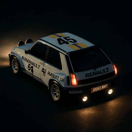 Photorealistic RENAULT Rallycar in nightlight, drone topview from back and 45 degrees angle in top right corner.