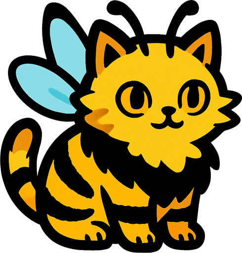 Chat (animal) a la fourrure couleur abeille et avec des ailes.
In-Game asset.  2d.  High contrast.  No shadows