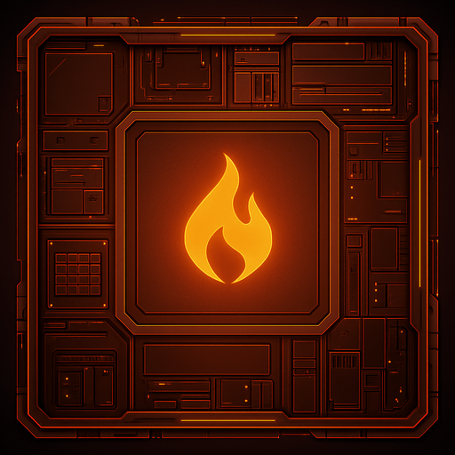 2D Top floor of Flame tower facing the screen to use it as a grid. future. Cyberpunk. abstract. seen from above. HD colors. Orange color. No Diagonal assets. flame logo on the middle of it.
