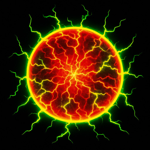 An solid plasma ball of electrical force emanating power filled with reds yellows and green electric power.
In-Game asset.  2d.  High contrast.  No shadows
