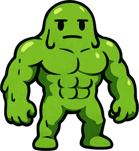 1 tane az kaslı yeşil slime yap çok az kası olsun nötr surat olsun.
In-Game asset.  2d.  High contrast.  No shadows ayakları elleri kafası var