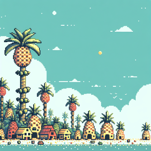 Create a minimal and stylized 8-bit pixelated background of an alien village made of pineapple-shaped huts, viewed from a distance so the buildings appear small and occupy a small lower part of the background. The sky should be light blue and occupy the majority of the image, with the huts constructed from various fruits and having primitive shapes. Use a softer color palette to ensure the background does not distract from the main game elements, capturing the essence of classic 8-bit era video games.
Single Game Texture. In-Game asset. 2d. Blank background. High contrast. No shadows.