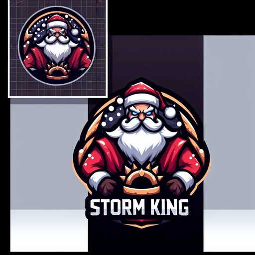 Icon for a santa as a storm king on a circle, with the text „Storm King“ at top, cartoon, christmas style Single Game Texture. In-Game asset. 2d. Blank background. High contrast. No shadows.