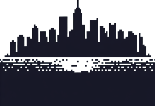 8-bit gray silhouette of cityscape in distance.
Single Game Texture. In-Game asset. 2d. Blank background. High contrast. No shadows.
