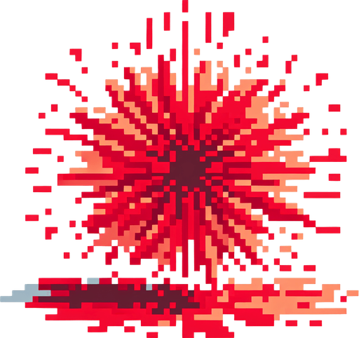 8-bit pixelated radial watermelon red juice explosion splash.
Single Game Texture. In-Game asset. 2d. Blank background. High contrast. No shadows.