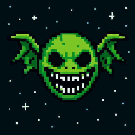 a pixelart flying space enemy. Green color, scary smiley face.
In-Game asset.  2d.  High contrast.  No shadows