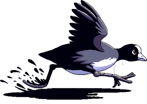 American Coot sprite sheet. Running with wings up..
Single Game Texture. In-Game asset. 2d. Blank background. High contrast. No shadows.