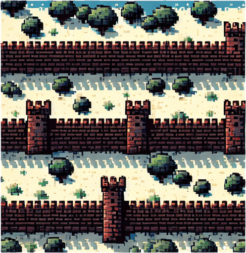 Make an ancient fortress wall facing north in an 8 bit style from a birds eye view.
Single Game Texture. In-Game asset. 2d. Blank background. High contrast. No shadows.