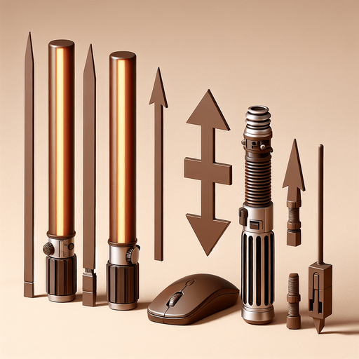 Brown Lasersaber in vertical position, next to it the same horizontally. In between, there is a back-and-forth arrow and a computer mouse..
