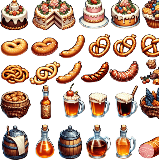 A spritesheet full of different delicious medieval cakes, snacks, pretzels, sausages, hams, and beverages..
Single Game Texture. In-Game asset. 2d. Blank background. High contrast. No shadows.