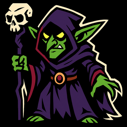 karanlık büyücü goblin.
In-Game asset.  2d.  High contrast.  No shadows