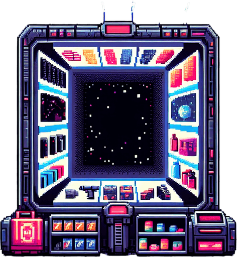 Pixelart. A background window for an in-game shop, with a space theme. The center part should be a large blank area with space for the items and labels for sale in the game shop. The blank space could have the form of a black computer screen inside a spaceship..
Single Game Texture. In-Game asset. 2d. Blank background. High contrast. No shadows.