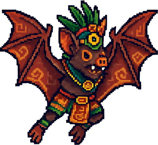 Generame un guerrero azteca con patrones, estilo pixelar, además será Murciélago frugívoro, unidad voladora con alas, con efectos de viento. Tiene que ser un animal..
In-Game asset.  2d.  High contrast.  No shadows