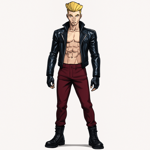 Idle animation, sleek graceful man Cyberpunk manga, facing forward idle pose shiny black leather biker jacket longsleeves shirtless Skinny abs blonde pompadour guy, action shot wine red joggers combat boots, Background removed, "Full-body character, entirely in frame, no cropping of face, head, or feet" "Complete character visible, from head to toe, fully centered in the image" "Entire character, including face and boots, fully within the frame" Character fully contained within a square frame, no edges cut off fashion model pose