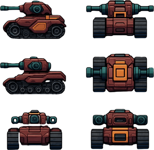 Pack of different future tank enemy have 2 turrets on its 2 sides, different frames of it facing the screen by sides from the left side, right side, top,bottom,front,back, HD colors.
In-Game asset.  2d.  High contrast.  No shadows