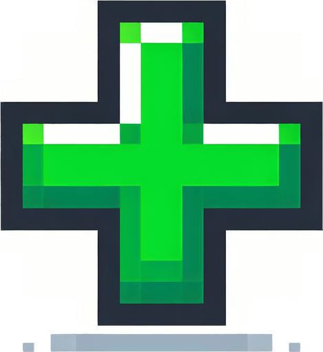 a green cross, icon, pixel style.
Single Game Texture. In-Game asset. 2d. Blank background. High contrast. No shadows.