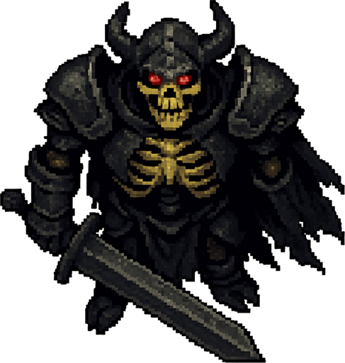 “Top-down 2D pixel art of a massive armored skeleton warrior with glowing red eyes. He holds an enormous two-handed sword, dragging or raising it. The armor is dark, cracked, and ancient, with heavy pauldrons, a horned helmet, and a tattered cape. The skeleton’s bones are thick and yellowed, giving a monstrous undead presence. Viewed directly from above, designed as a boss enemy sprite in a dark fantasy pixel art game.”.
In-Game asset.  2d.  High contrast.  No shadows