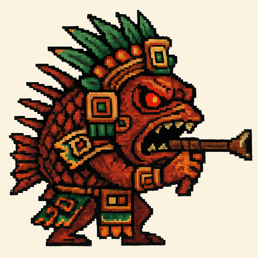 Genérame una Pez leon guerrero azteca con eso patrones, estilo pixelar, con una apariencia maligna, ojos rojos, rabioso. Unidad a distancia, con cerbatana. Animal.
In-Game asset.  2d.  High contrast.  No shadows