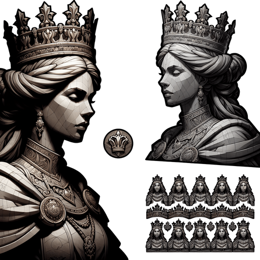 Queen with crown.
Single Game Texture.  In-Game asset.  2d.  Blank background.  No shadows
