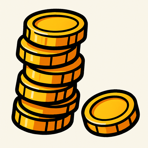 5 tane üst üste durmuş, kule gibi ama yamuk olan ve bir tanede yere düşmüş madeni para.
In-Game asset.  2d.  High contrast.  No shadows