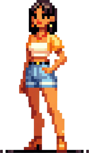 woman in short shorts. mobile game art. pixel art. full body. front facing. Blank background. High contrast. No shadows.