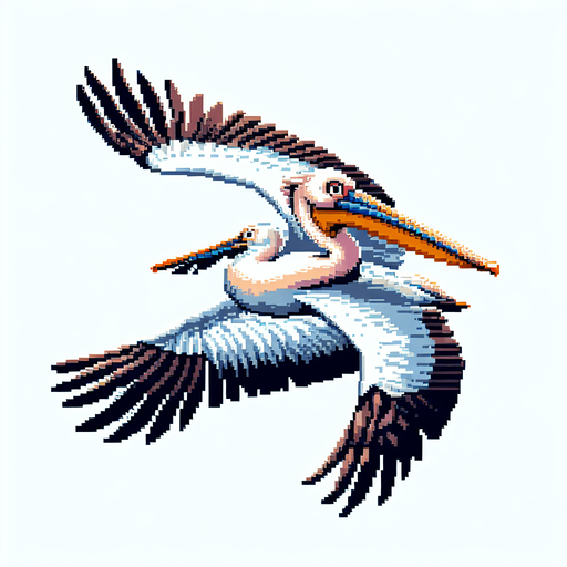 8-bit profile of pelican flying straight.
Single Game Texture. In-Game asset. 2d. Blank background. High contrast. No shadows.