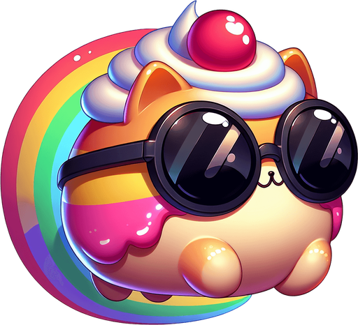 The character is a delightful Nyan Cat,with a cartoon-style essence while adopting the iconic features of this internet sensation. Its face remains round and expressive, hidden behind oversized, round, dark opaque sunglasses, giving it a mysterious yet endearing look. The transformation is most notable in its body, which now takes on the appearance of a colorful pop-tart, blending whimsy with sweetness. This unique body, smaller in proportion to its playful head, maintains the character's cute, chubby charm. Adding to its magical allure, a vibrant rainbow trail extends from behind, symbolizing its journey through the digital cosmos. The Nyan Cat's paws are positioned comfortably in front, suggesting a relaxed flight posture as it glides across the screen. This new rendition, combining the original cat's casual charm with the fantastical elements of Nyan Cat, creates a perfect mascot for both whimsical children's content and digital platforms looking to capture the heartwarming joy of internet culture..
Single Game Texture. In-Game asset. 2d. Blank background. High contrast. No shadows.