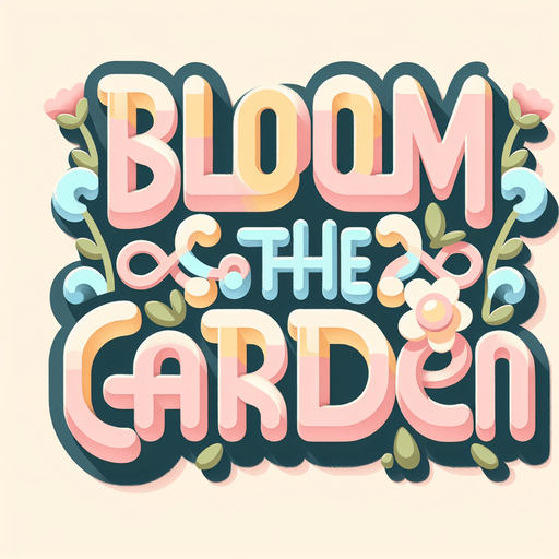 Create a SVG text design in bold cartoon style: “Bloom the garden" in chunky rounded letters with floral accents and vines. Use spring pastels.​​​​​​​​​​​​​​​​.
Single Game Texture. In-Game asset. 2d. Blank background. High contrast. No shadows.