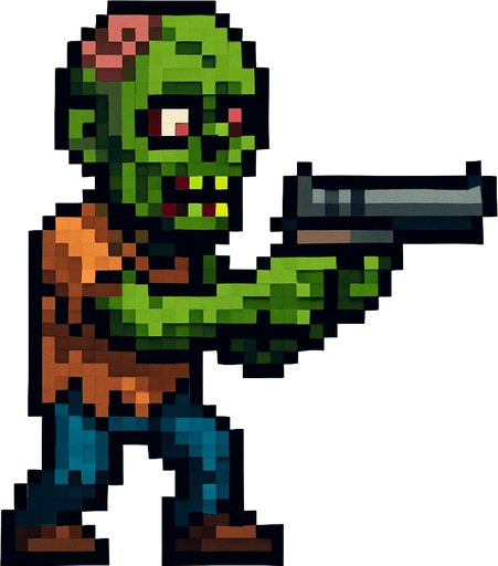 elinde silah tutan bir zombi çiz pixel tarzı ile.
In-Game asset.  2d.  High contrast.  No shadows